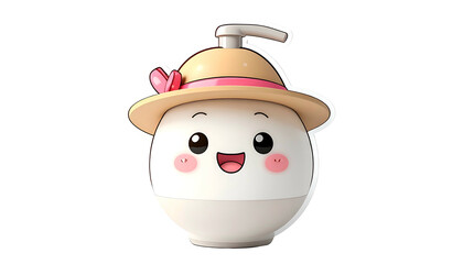 Smiling, anthropomorphic soap dispenser character with a straw hat and pink accents
