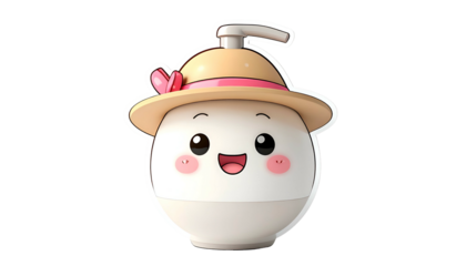 Smiling, anthropomorphic soap dispenser character with a straw hat and pink accents