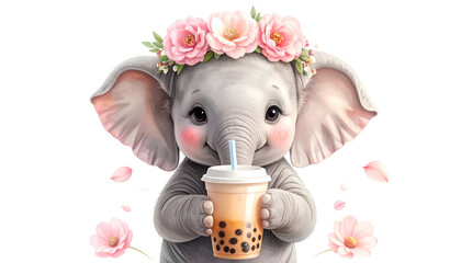 Adorable baby elephant wearing a floral crown, holding a bubble tea with pink cheeks
