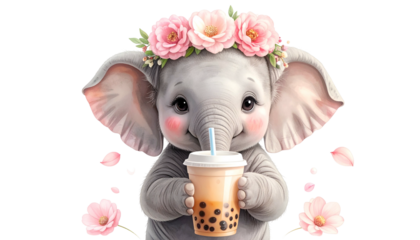 Adorable baby elephant wearing a floral crown, holding a bubble tea with pink cheeks