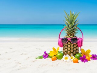 Pineapple in sunglasses and headphones on a tropical beach