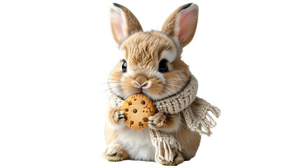 Fluffy brown bunny wearing a scarf, holding a chocolate chip cookie against a black background