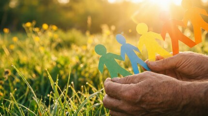 Hands holding colorful paper people in a sunny field, symbolizing community and support.