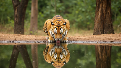 Majestic tiger drinking water from a serene pond in a lush green forest setting