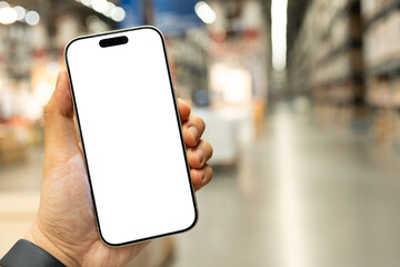 Man hand holding smartphone with blank white screen in blurred warehouse background, AI logistics and inventory management concept. Supply chain logistics, smart warehousing, and online shopping.