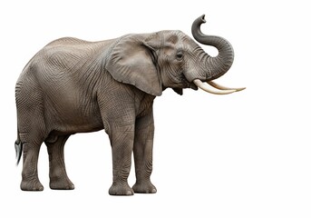 Fototapeta premium Large gray elephant with tusks standing against a white background.