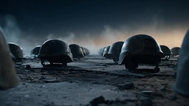 Abandoned military helmets lie on a war-torn ground.