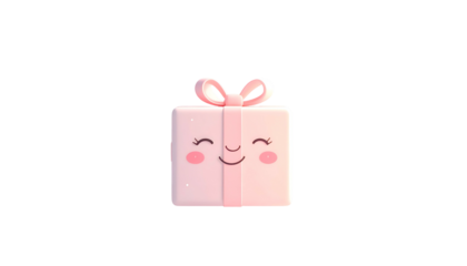3D cartoon gift box with a happy face, pink, tied with a matching ribbon, on black
