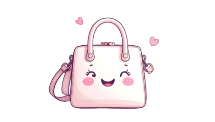 Animated, smiling light pink handbag with a strap and pink hearts floating around it