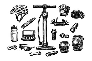 Hand-drawn bicycle gear collection with helmet, pump, tools, and accessories