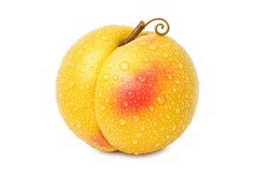 Fresh ripe apricot with water drops and curly stem featuring vibrant yellow and red skin on a transparent background