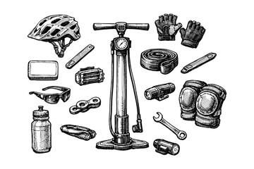 Hand-drawn bicycle accessories: pump, helmet, lights, tools, protective gear