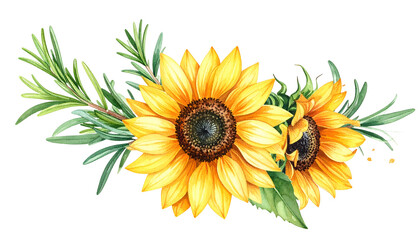 A watercolor illustration of sunflowers with green rosemary, arranged on a black background