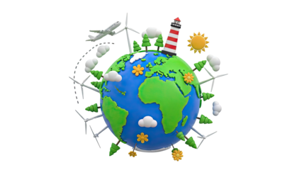 Cartoon Earth with Wind Turbines, Airplane, and Lighthouse
