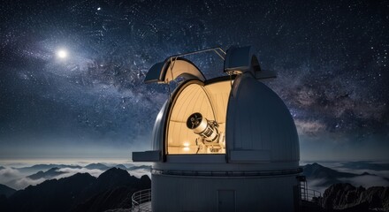 Astronomical observatory dome open night revealing large telescope pointing toward bright milky way starry sky above dark mountain peaks