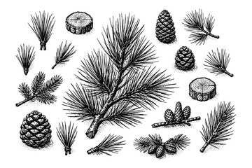 Fototapeta premium Detailed botanical illustration of pine cones, needles, and branches in black and white