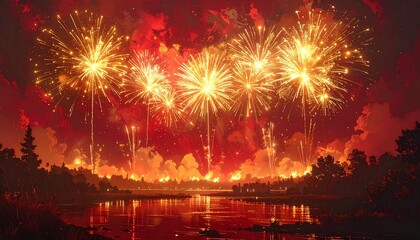 Vibrant Fireworks Display Over Waterfront at Night.
