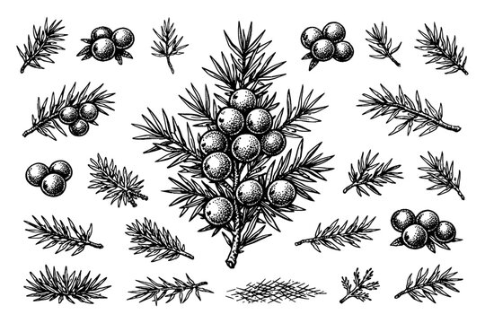 Detailed hand-drawn juniper berry and branch vector illustration collection