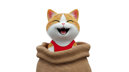 Joyful Orange and White Cat in a Burlap Sack