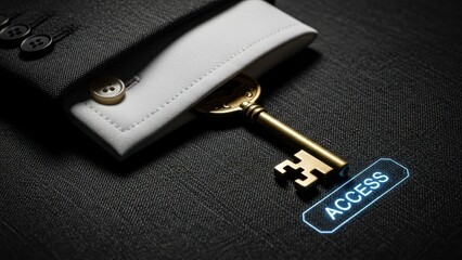 Businessman presenting vintage golden skeleton key next to glowing digital access button, for secret opportunity, secure entry, breakthrough solutions, ultimate achievement