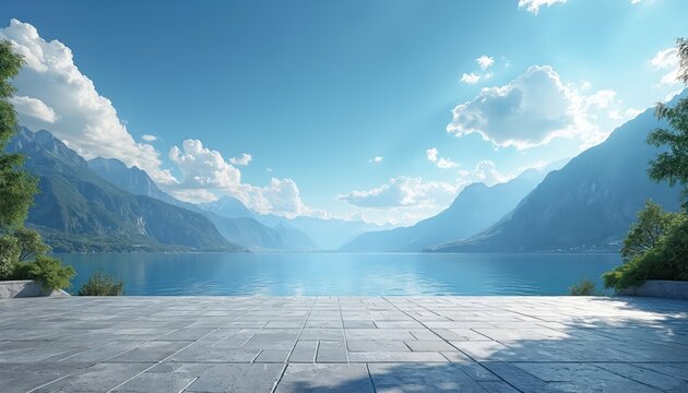 Empty paved terrace with calm blue lake and misty mountains in background. Sunny sky with fluffy clouds overhead. Peaceful nature landscape.