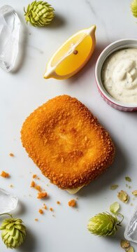 Gourmet Czech Fried Cheese (Smažen&yacute; S&yacute;r) on White Marble with Tartar Sauce and Lemon