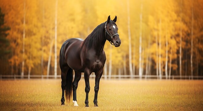 Dark bay horse stands attentively in a sunlit field backed by golden autumn foliage