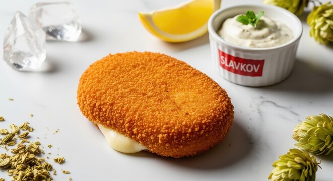 Gourmet Czech Fried Cheese (Smažen&yacute; S&yacute;r) on White Marble with Tartar Sauce and Lemon