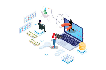 Fototapeta premium Isometric activity Phishing via internet concept illustration. Email spoofing or fishing messages. Hacking credit card or personal information website. Cyber banking account attack. Online security.