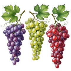 Fototapeta premium Three bunches of grapes in purple, green, and red on transparent background isolated on transparent background