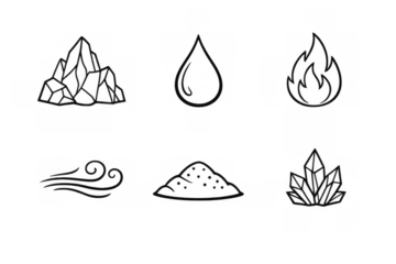 Nature elements line art icons, glyphs for fundamental concepts, chemistry, fantasy, or game design. Transparent background