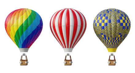 Obraz premium Three perfectly aligned, distinct, colorful 3d hot air balloons with wicker baskets suspended against a transparent studio background with copy space, showcasing vibrant design variety concept