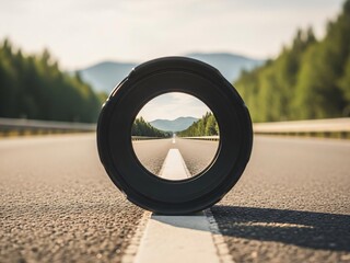 Camera lens on road with scenic mountain view ahead
