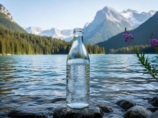 Refreshing water bottle on serene lake shore with mountains