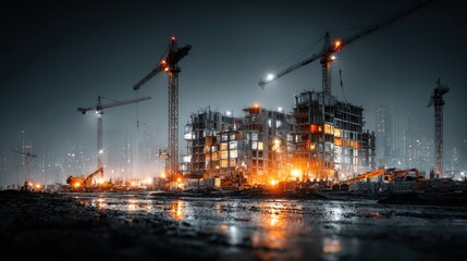 Obraz premium Dramatic nighttime cityscape under construction with glowing cranes and buildings