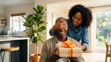 Happy African American woman surprising her husband with a birthday gift at home.