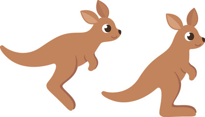 Cute cartoon kangaroo jumping and standing. Simple flat style vector illustration.
