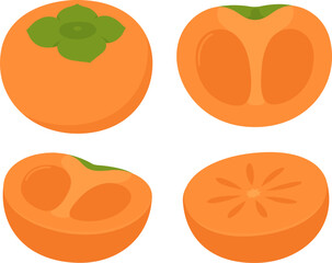 Flat cartoon persimmon set. Whole fruit and cut cross section. Isolated vector clip art illustration.