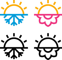 Summer and winter solstice or equinox symbol. Half sun, half snowflake for winter, flower for summer solstice. Minimal geometric abstract logo or icon