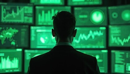 Man in suit analyzes complex data on multiple glowing green screens. He looks at charts and graphs in a dimly lit room, focusing on digital information streams for security or business insights.