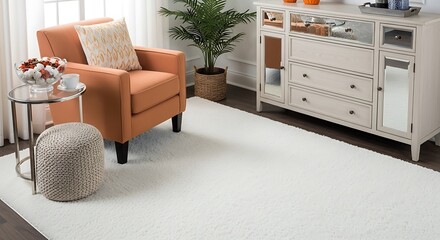 Comfortable living room seating area features an orange accent chair beside a white textured rug
