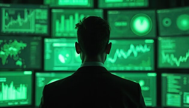 Man in suit analyzes complex data on multiple glowing green screens. He looks at charts and graphs in a dimly lit room, focusing on digital information streams for security or business insights. - Powered by Adobe