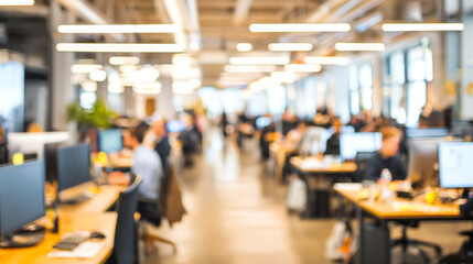 A dynamic workspace with professionals engaged in collaborative tasks, modern design and technology enhancing productivity.