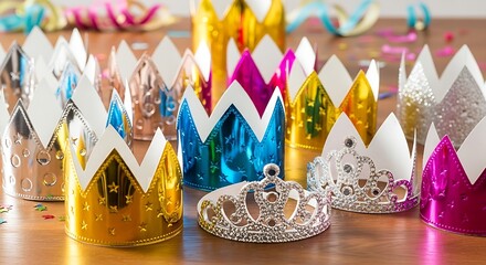 A collection of colorful paper crowns and tiaras on a table