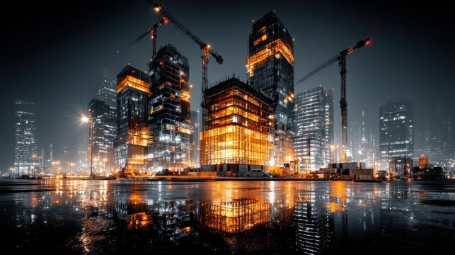 Illuminated city skyline under construction at night with glowing buildings and reflections