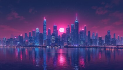 Obraz premium Night skyline city panorama with neon lights reflected in water. High rise buildings glow under moonlit sky creating urban metropolis atmosphere. Futuristic cityscape panorama view.
