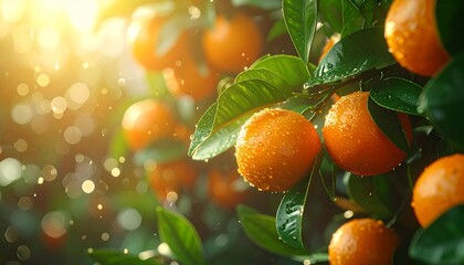 Ultra-realistic macro photography of mandarin oranges with fresh green leaves, soft morning sunlight, natural texture detail, shallow depth of field, symbol of luck and prosperity, minimal Chinese New