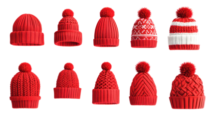 Red knit beanies collection, winter hats designs, isolated on transparent background