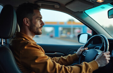 Man drives car on road approaching checkpoint. He holds steering wheel, looks ahead. Blurred background shows gas station or buildings. Driver on journey, possible traffic stop ahead.