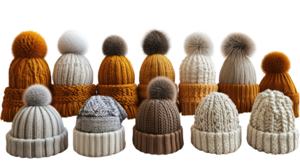 Assorted knit beanies with pom poms, winter hats collection, isolated on transparent background